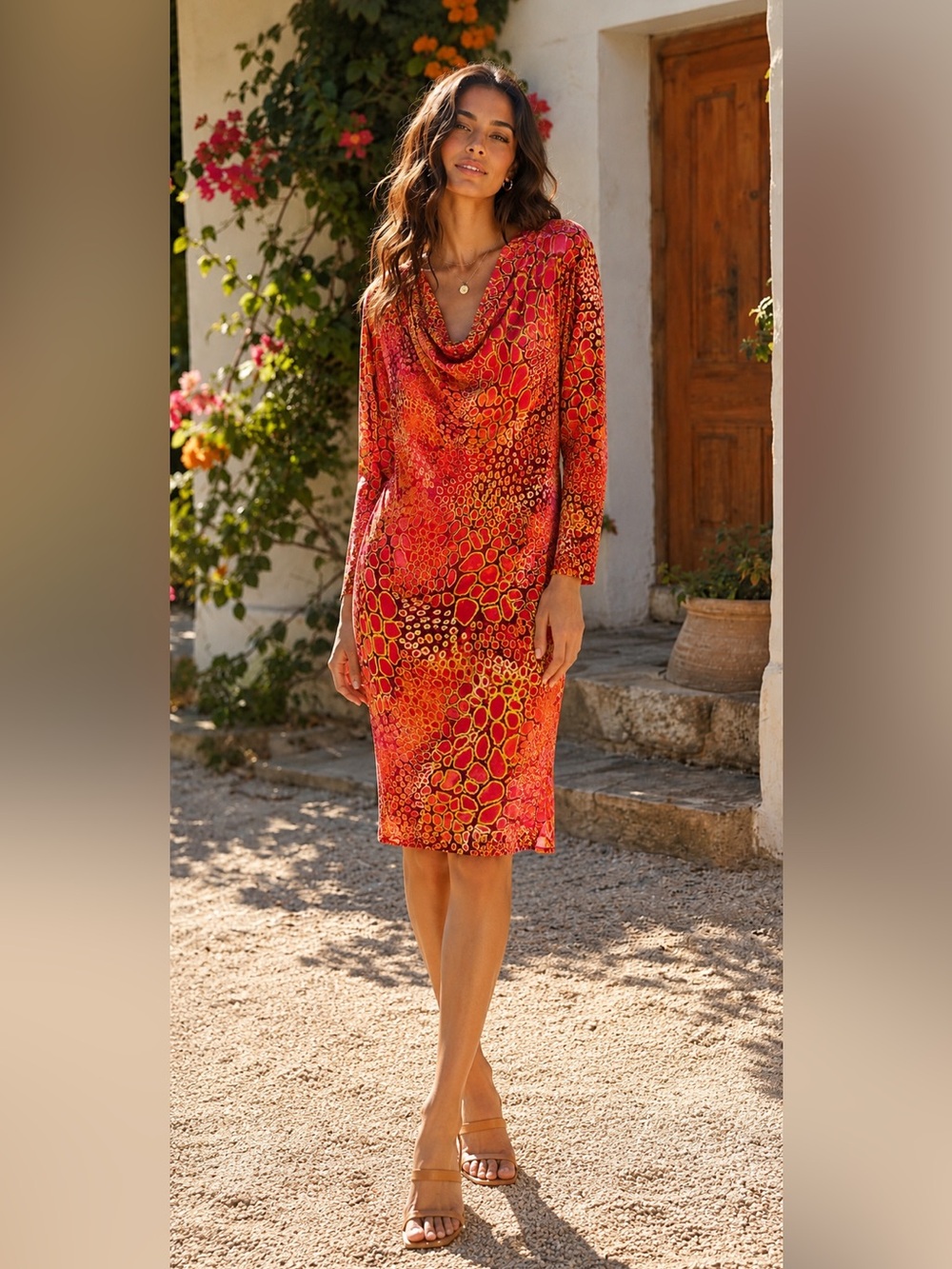 Natori vibrant crawl neck orange red dress XL